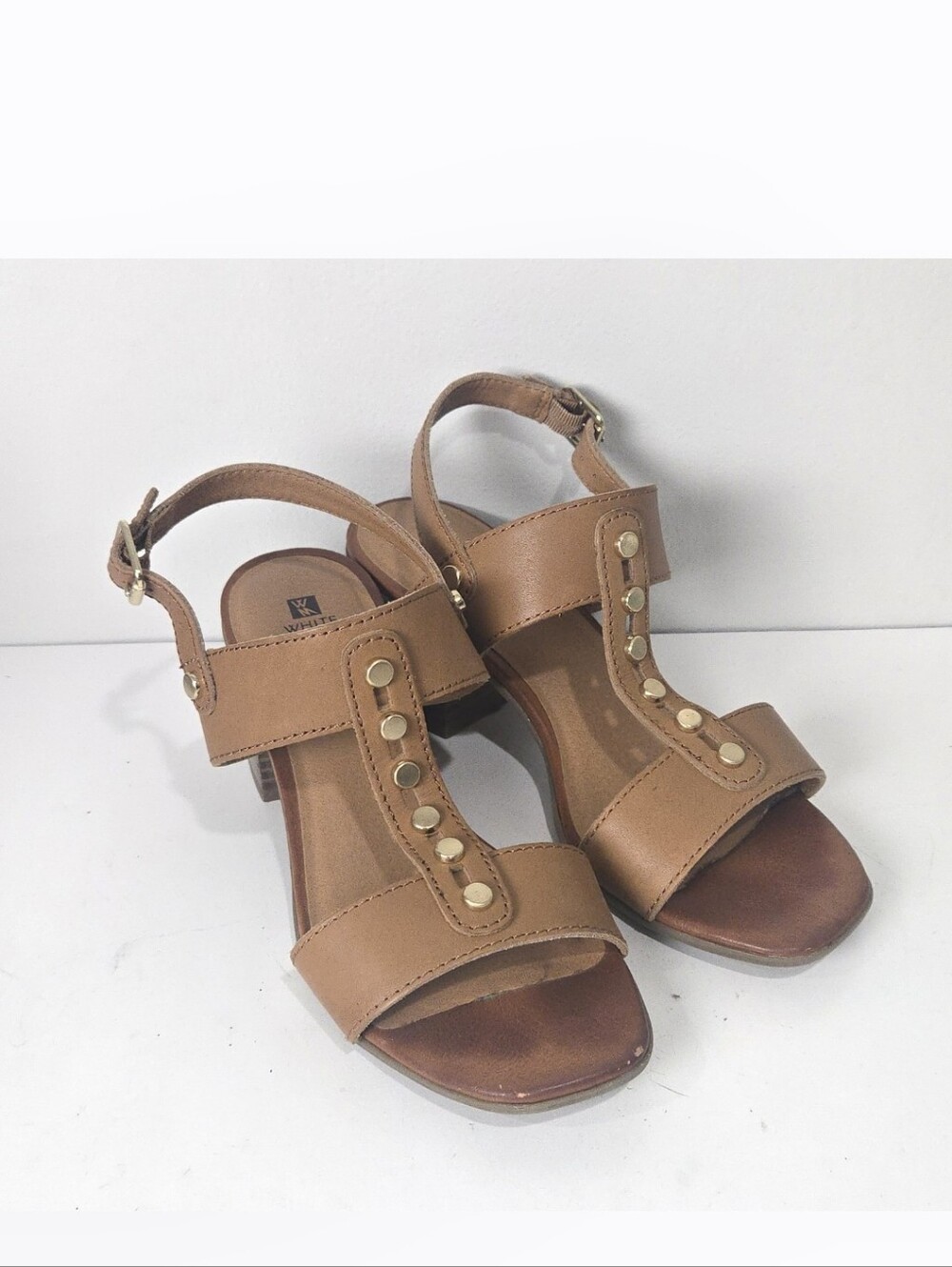 White Mountain Tan Studded T-Strap Heeled Sandals